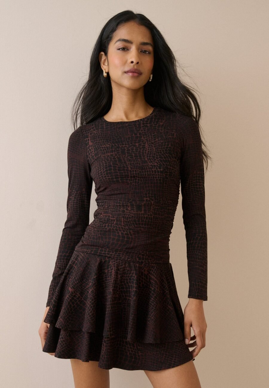 Brown Crocodile Print Long Sleeve Yuki Mini Dress