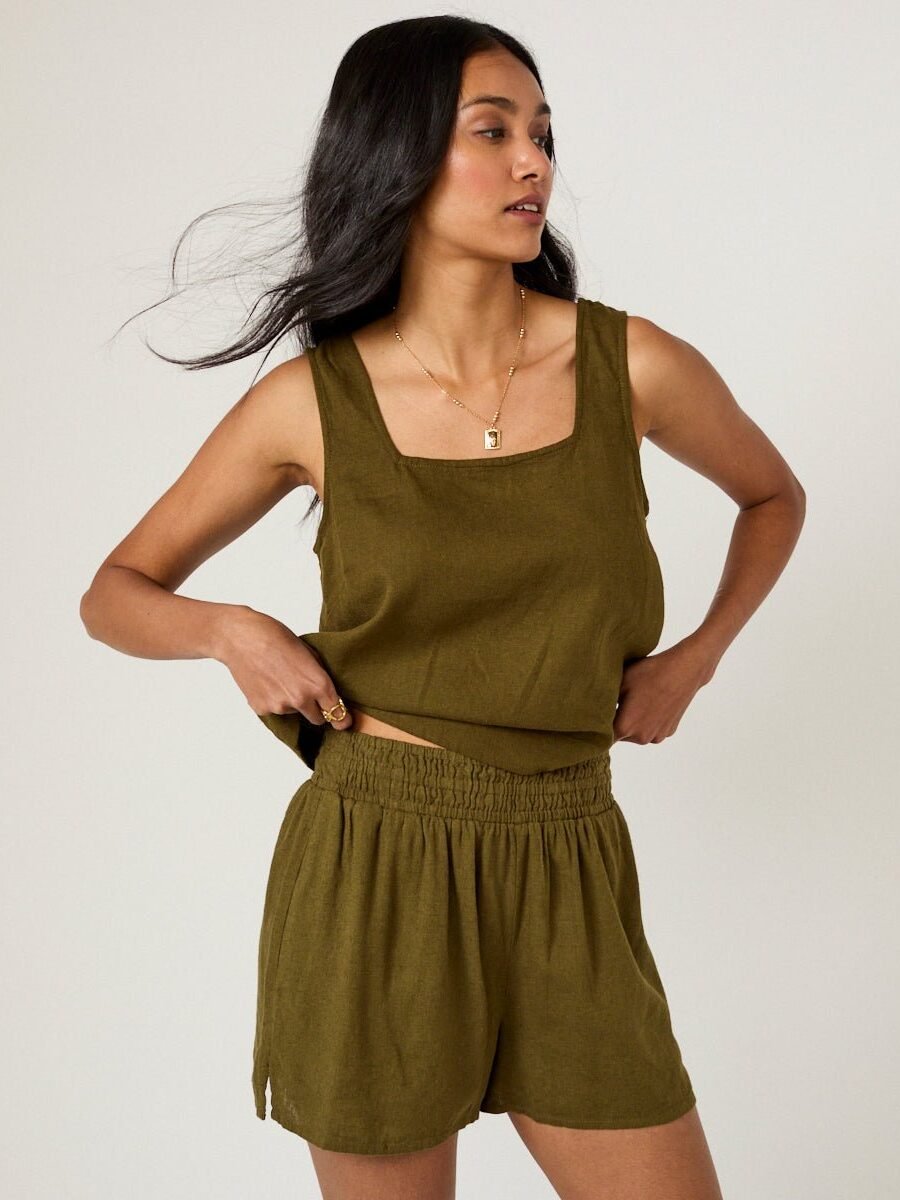 Khaki Green Linen-Blend Elasticated Shorts