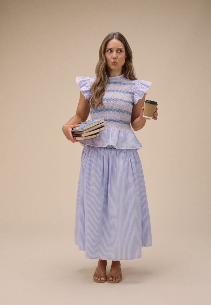 Blue Striped Shirred Waist Midi Skirt