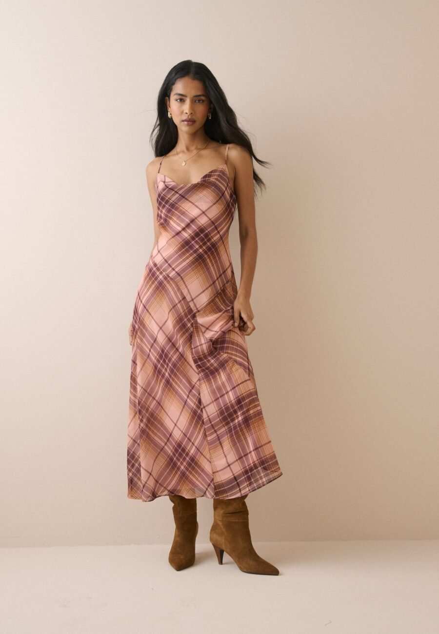 Pink and Maroon Check Motsi Midi Dress