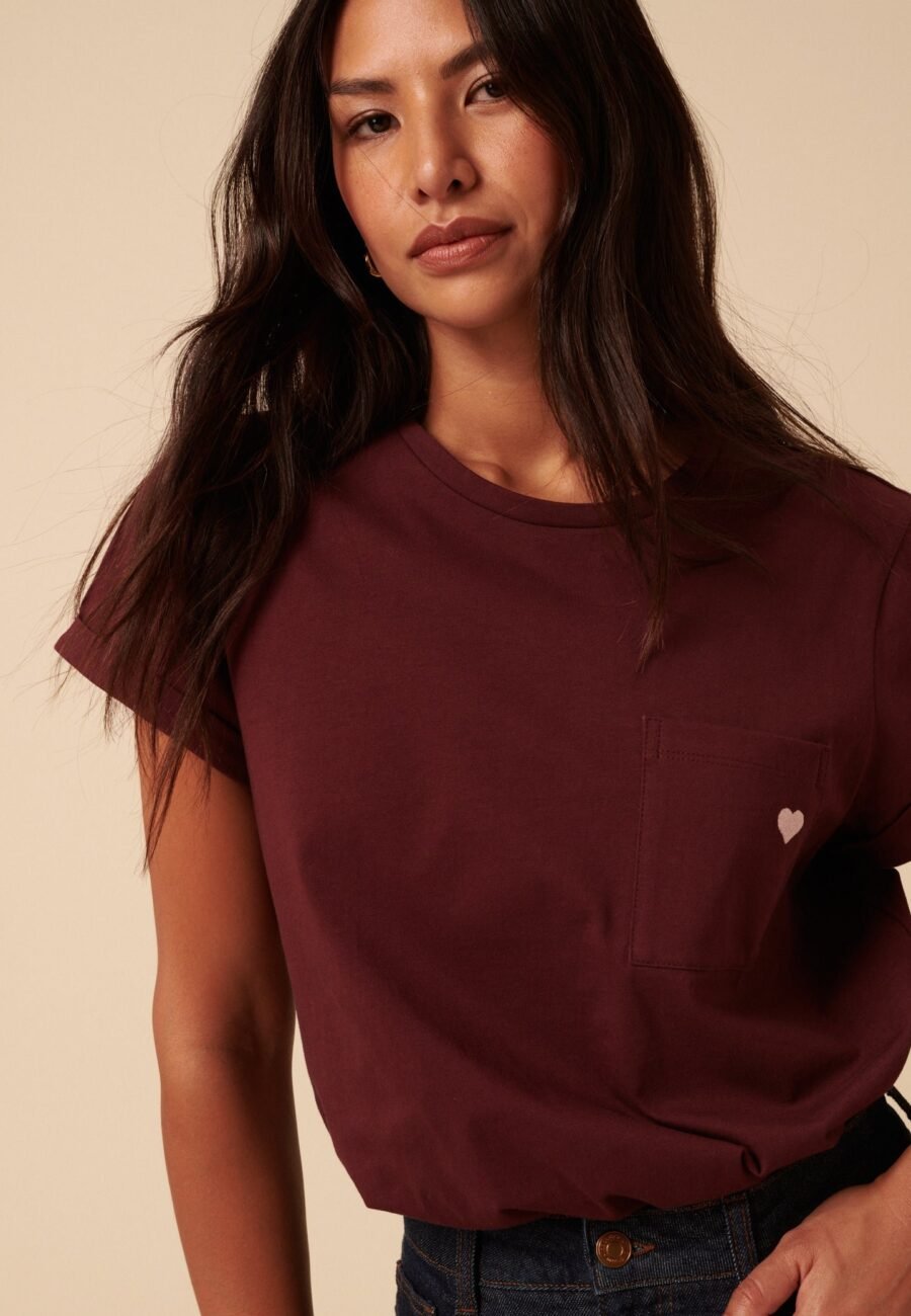 Burgundy Heart Embroidered T-Shirt