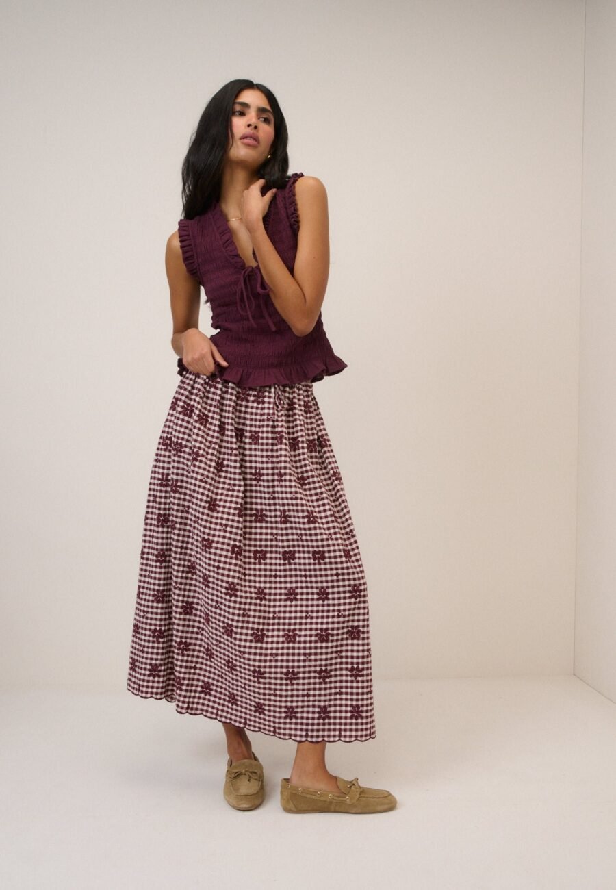 Burgundy Gingham Naples Midi Skirt