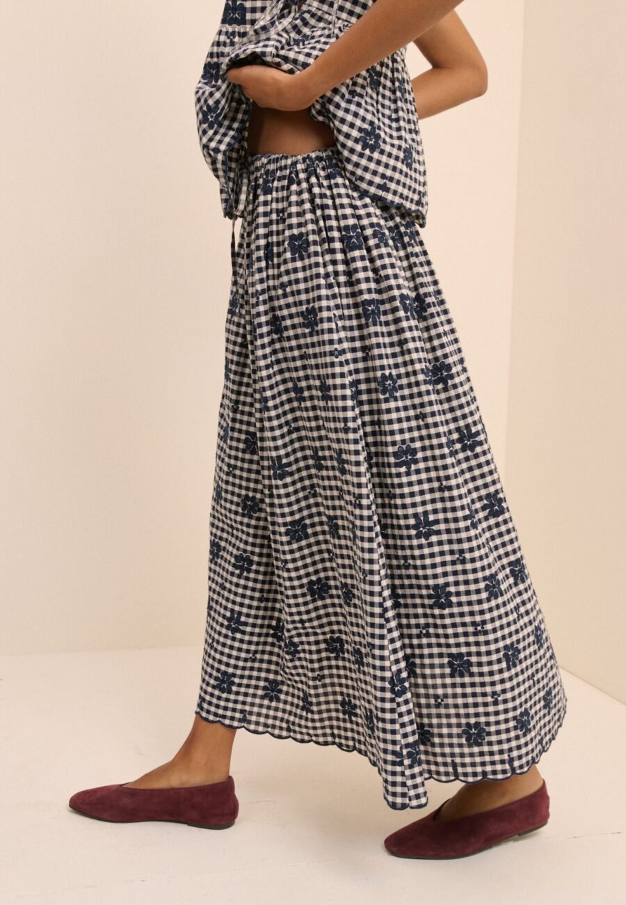Navy Gingham Naples Midi Skirt