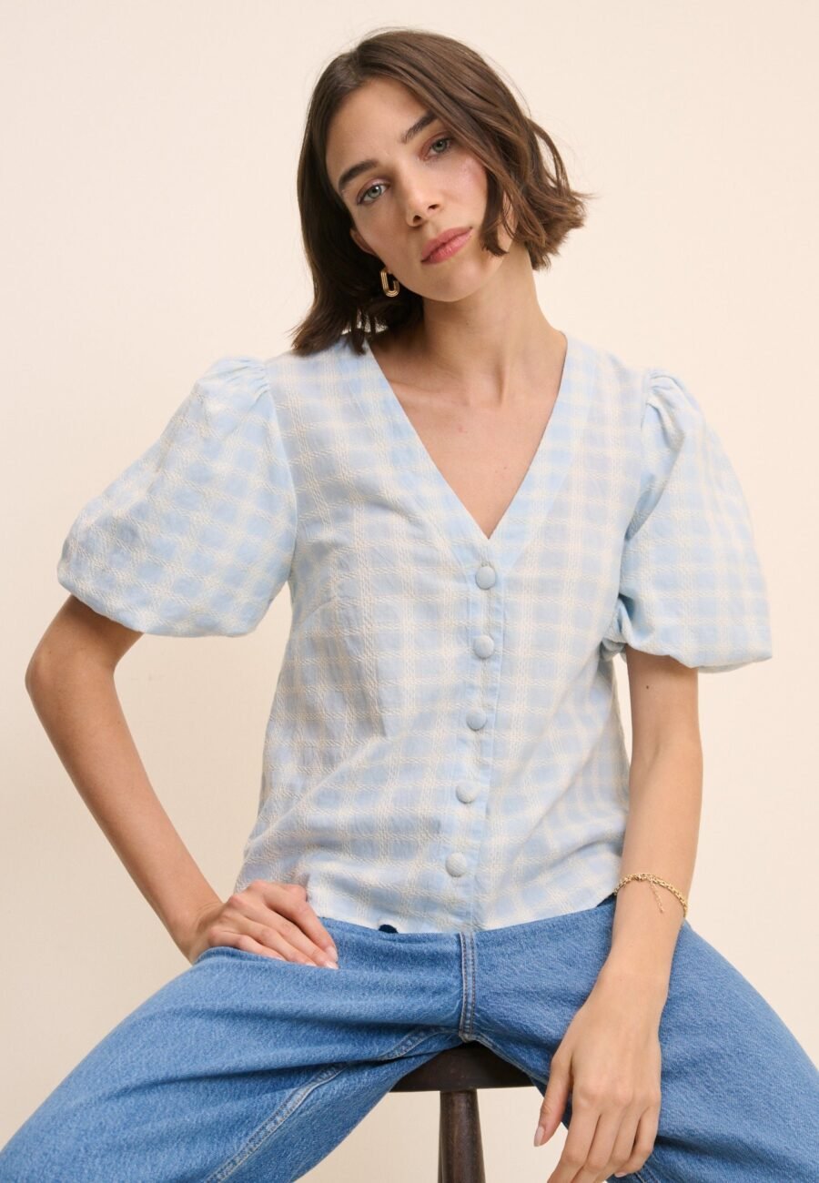 Blue Gingham Puff Sleeve Top