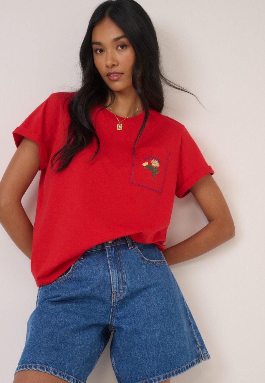 Red Embroidered Pocket T-Shirt