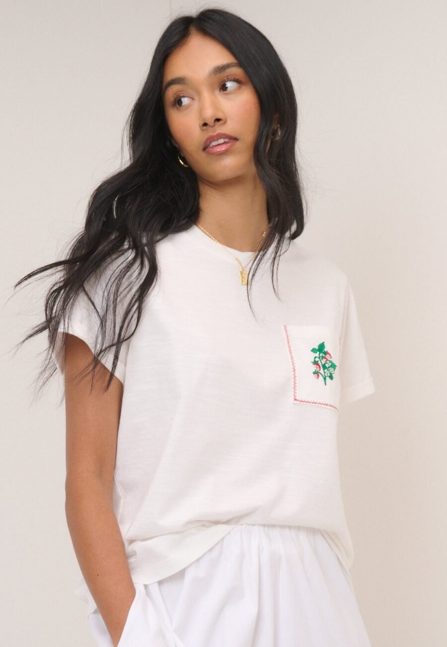 White Embroidered Pocket T-Shirt