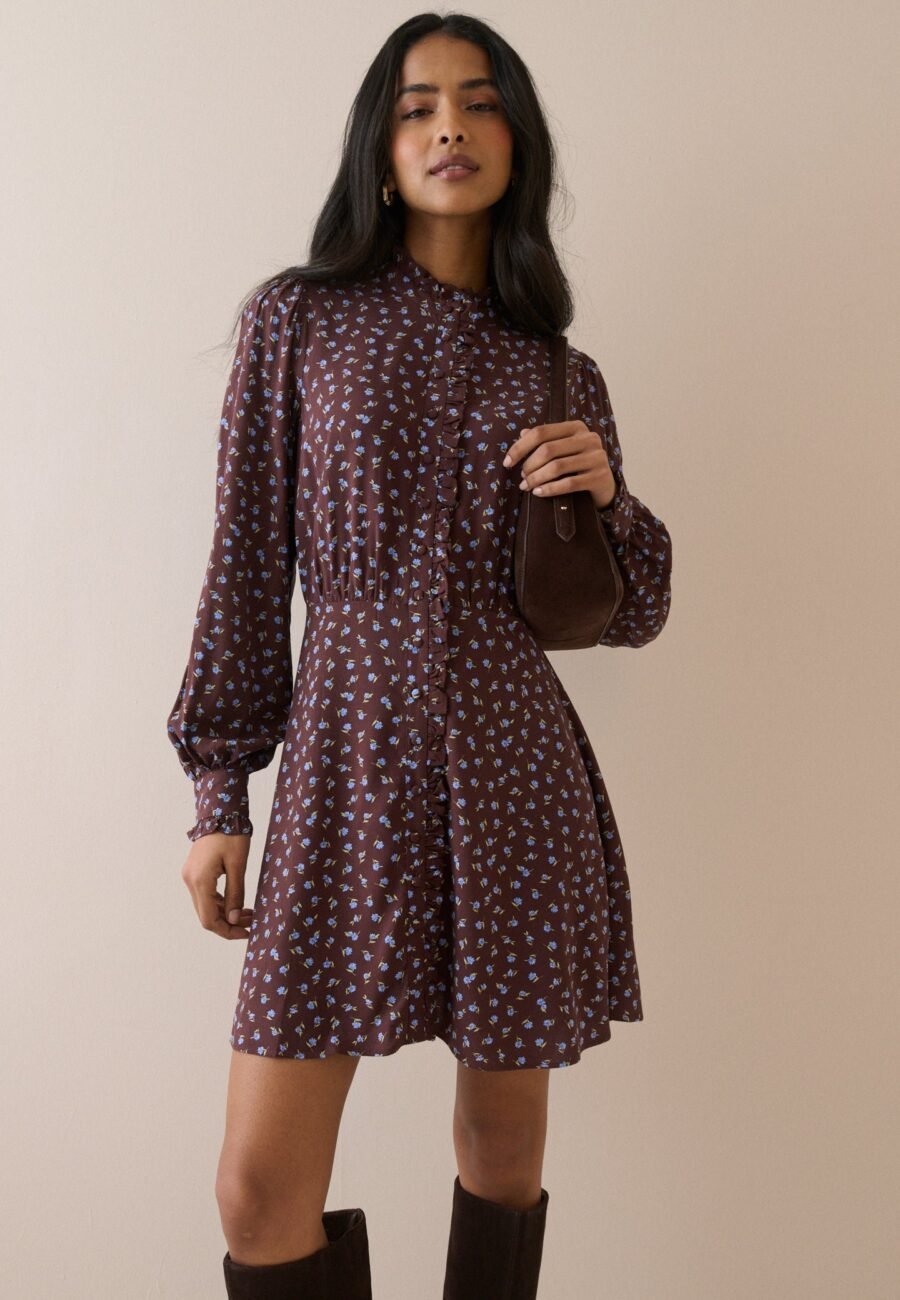 Brown Ditsy Floral Button Front Gabi Mini Dress