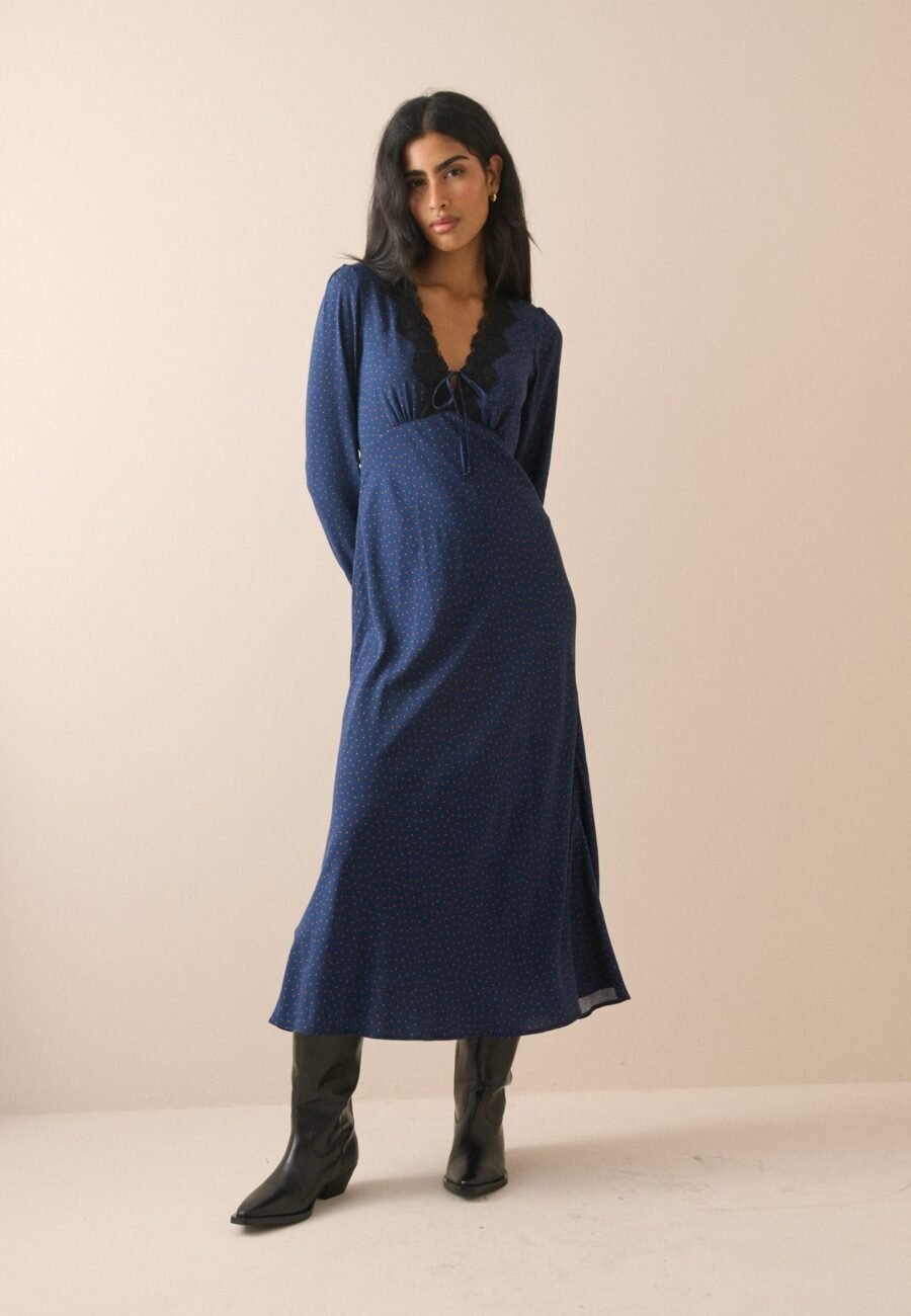Navy Polka Dot Lace Trim Long Sleeve Aida Midi Dress