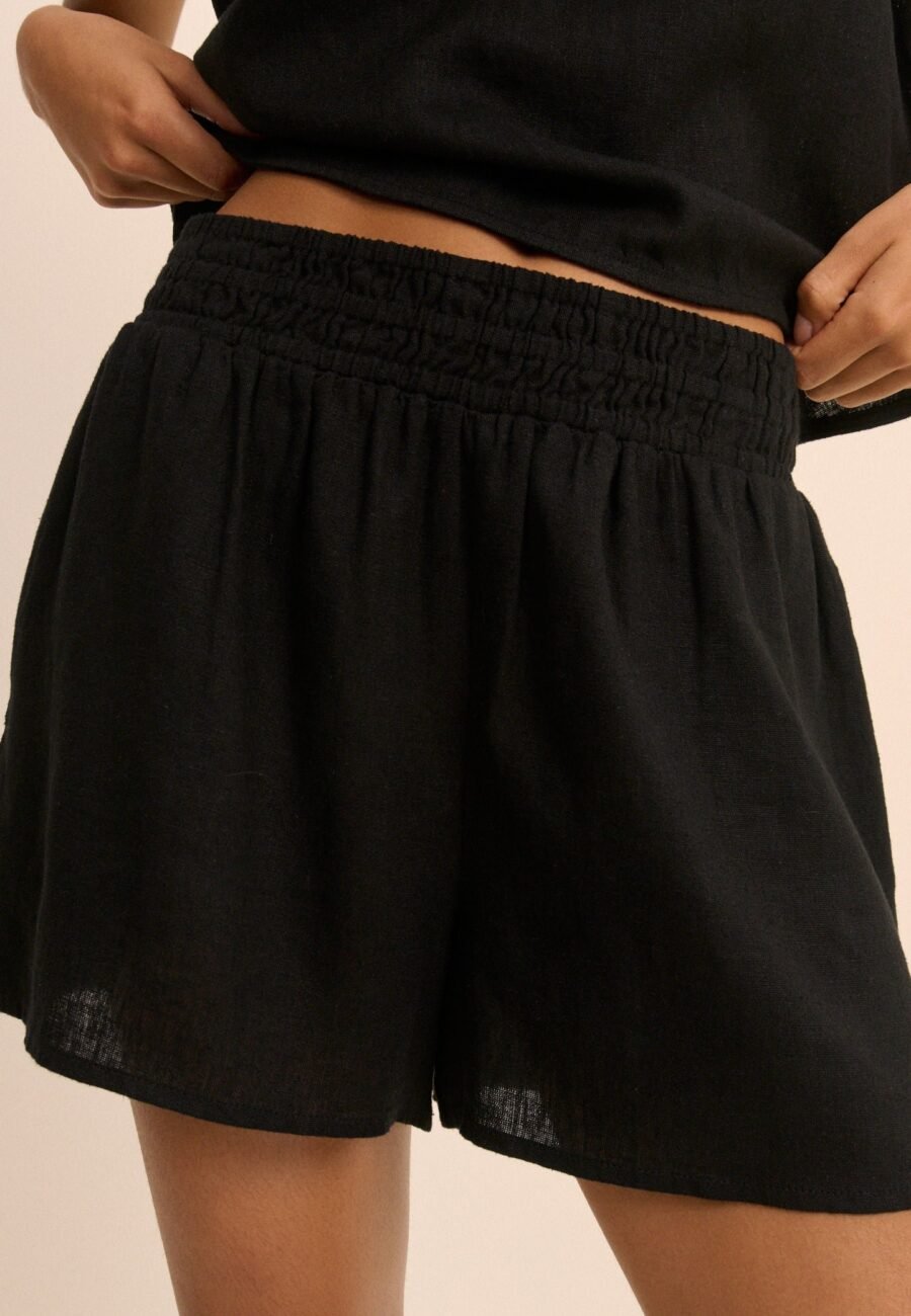 Black Linen-Blend Elasticated Waist Shorts