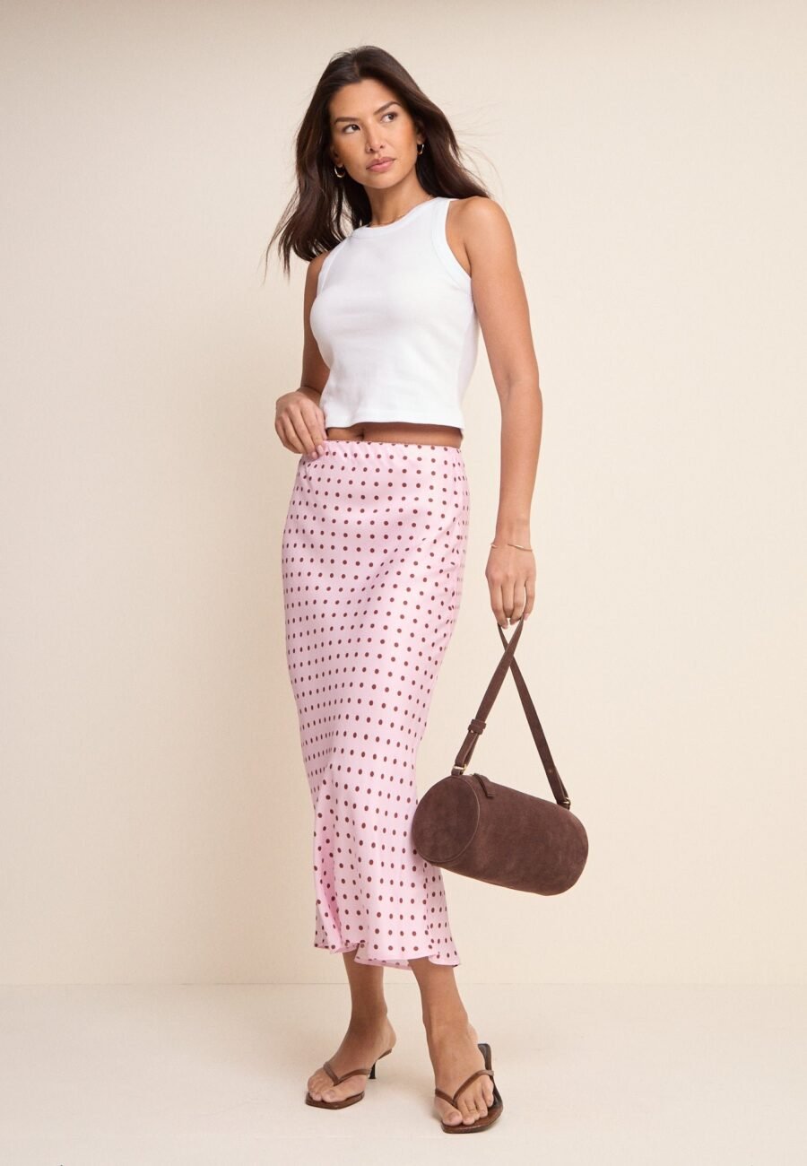 Pink and Brown Polka Dot Satin Midi Skirt