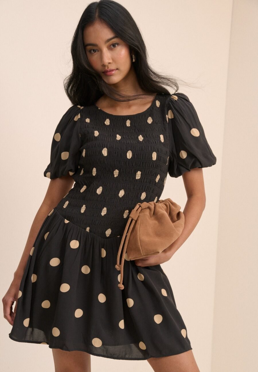 Black Polka Dot Shirred Landy Mini Dress