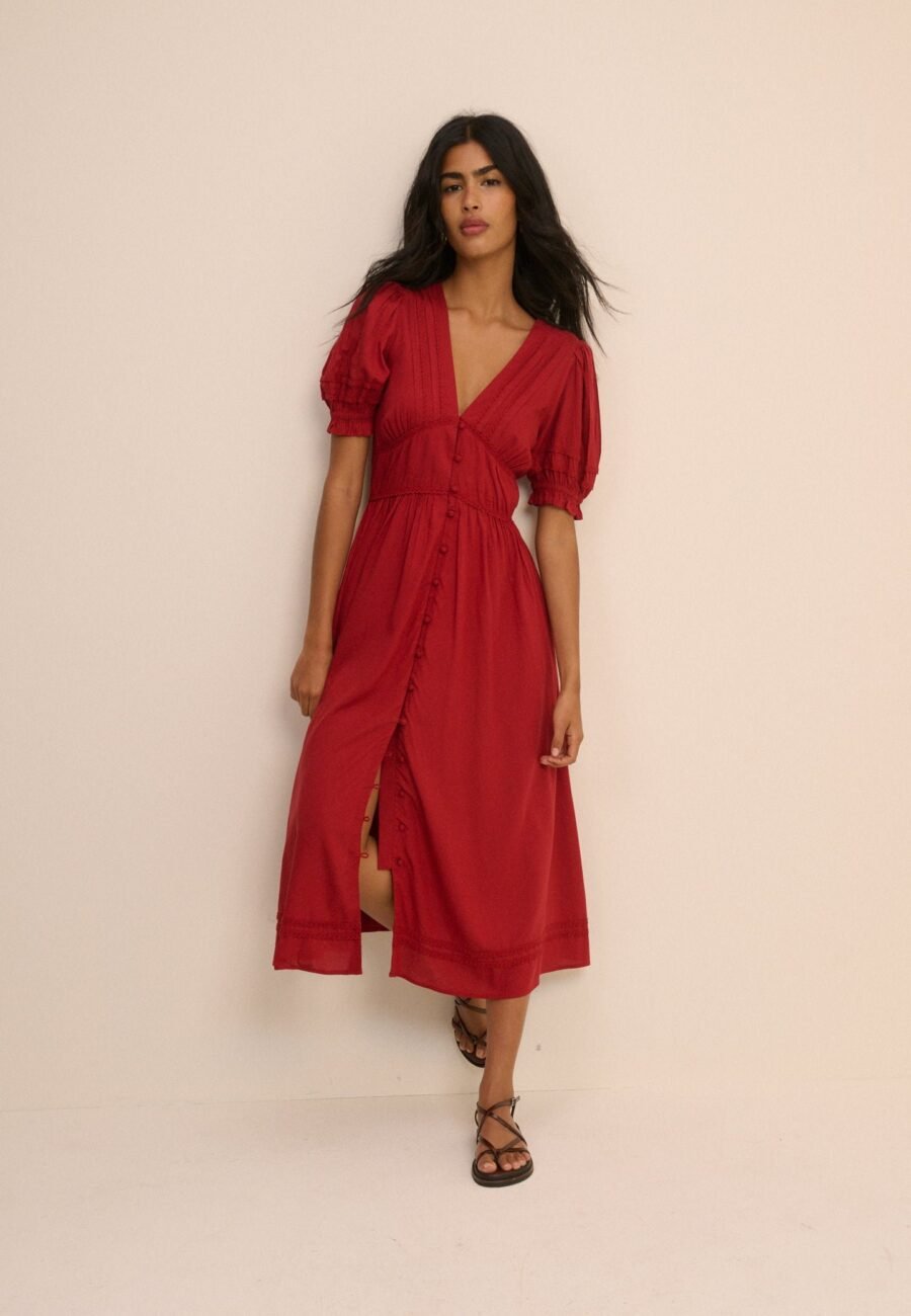 Red Button Front Frances Midi Dress