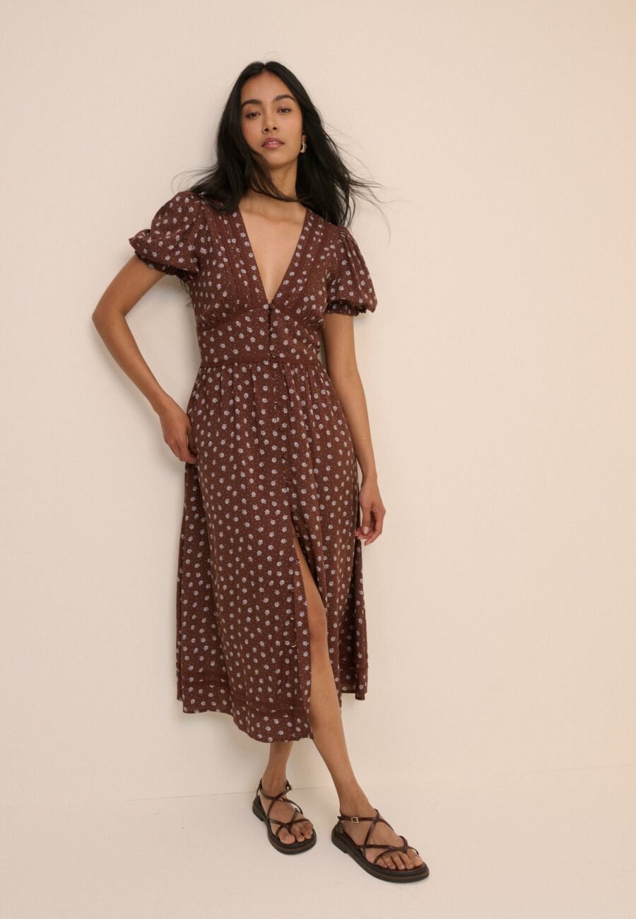 Brown Ditsy Floral Button Front Frances Midi Dress