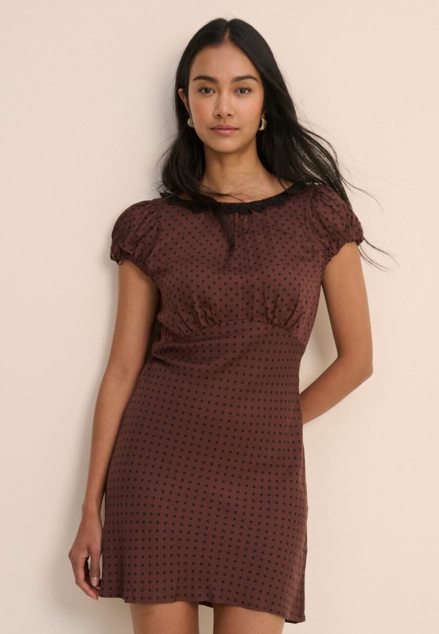 Brown Polka Dot Puff Sleeve Marianna Midi Dress