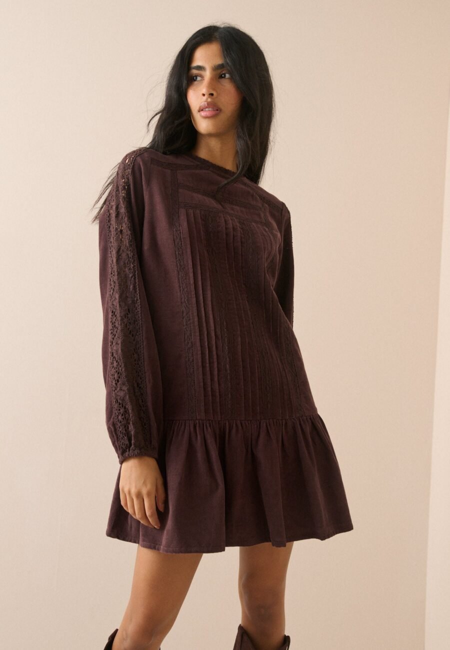 Plum Long Sleeve Cord Denise Mini Dress