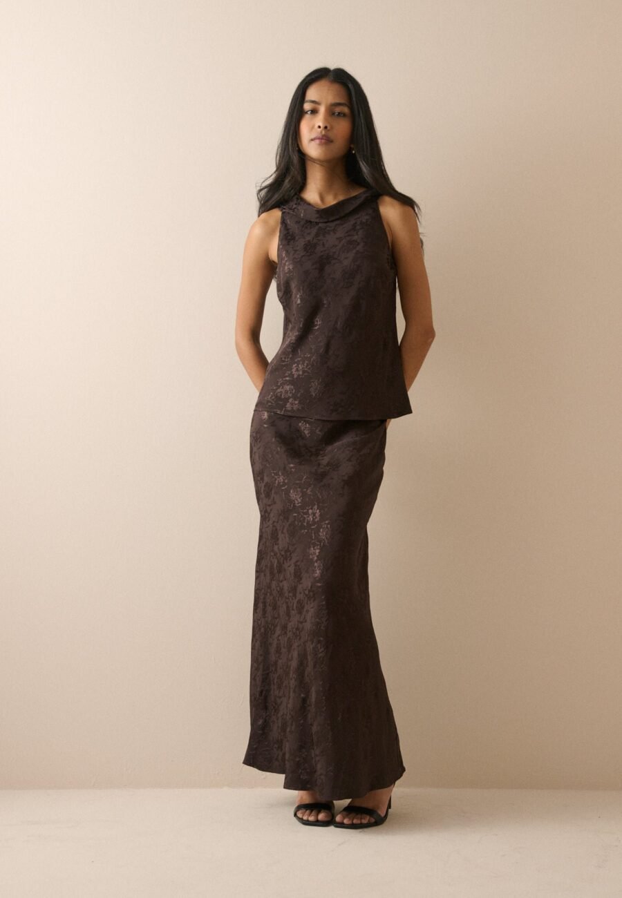 Chocolate Brown Jacquard Floral Satin Leila Slip Skirt