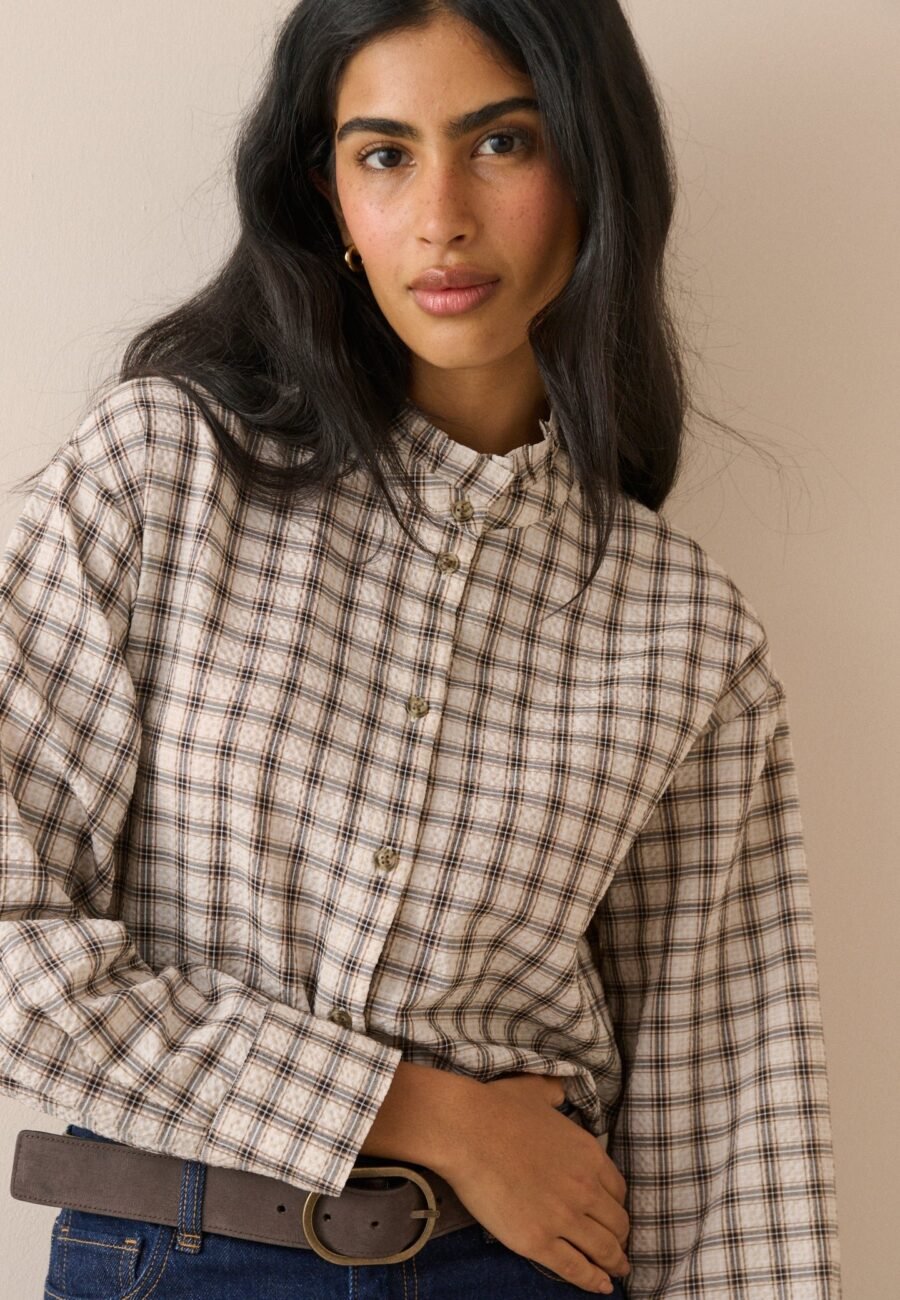 Brown Check Frill Neck Blouse