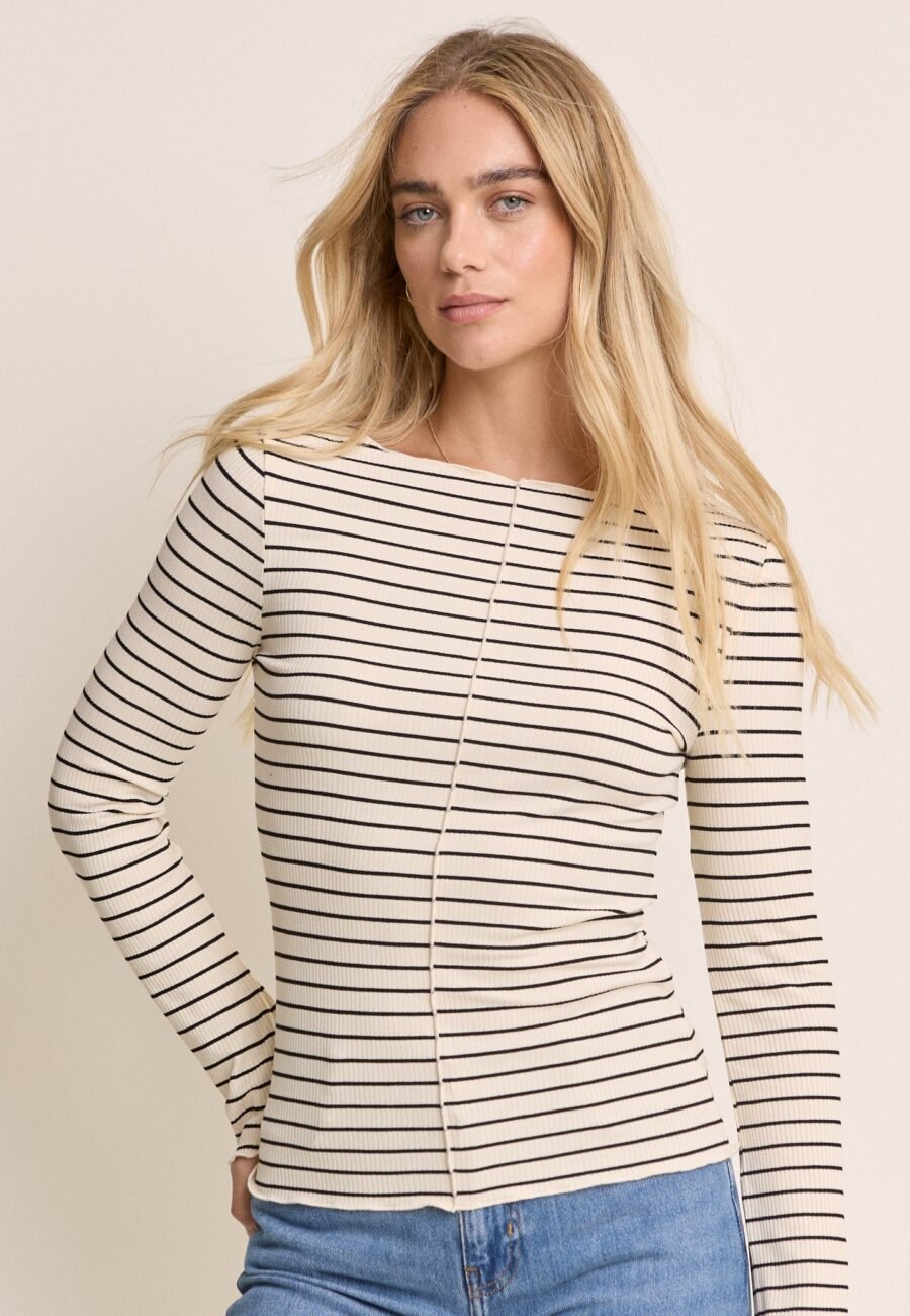 Cream Striped Boat Neck Top